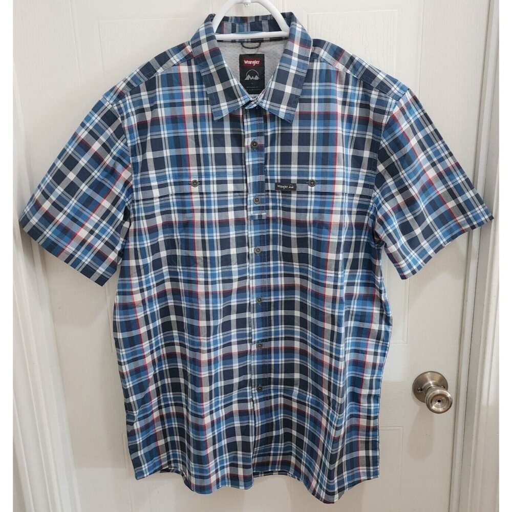 Wrangler Regular Fit Blue Plaid Short Sleeve Vented Button Up Shirt Size Large